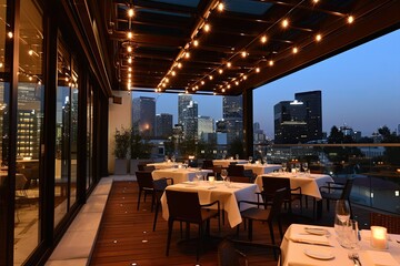 a restaurant with a view of the city, chic rooftop restaurant with panoramic city skyline views
