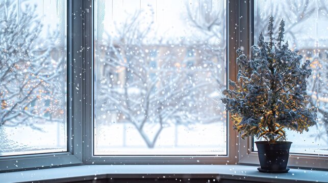 winter scene viewed through an energy-efficient bay window, where the glass remains perfectly clear despite heavy snowfall outside