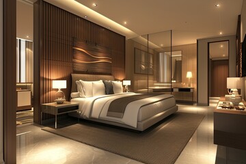a bedroom with a bed and a desk, sleek and modern hotel room with luxurious amenities
