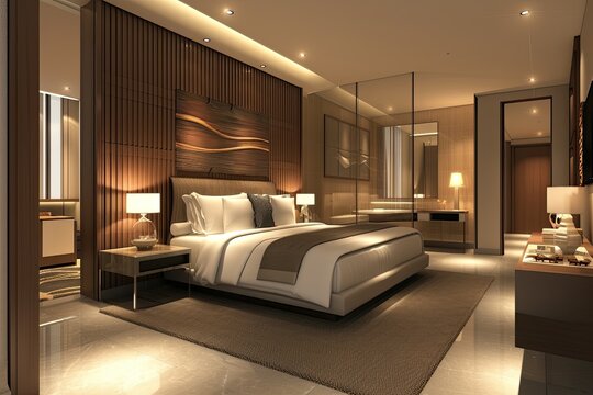 a bedroom with a bed and a desk, sleek and modern hotel room with luxurious amenities
