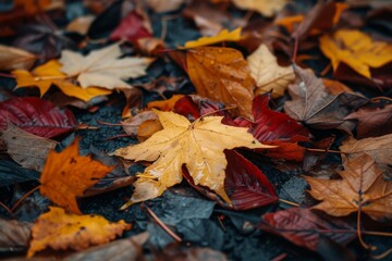 a group of leaves laying on a rock, Fallen autumn leaves delicately resting the ground, marking the season of Thanksgiving