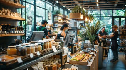 A close-up shot of a grocery store counter with various jars of products displayed on shelves. People are shopping and interacting with staff in the background.