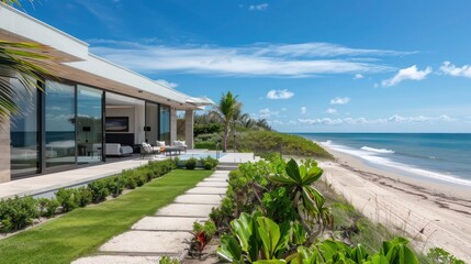 Naklejka premium beachfront villa with high-strength energy-efficient windows designed to withstand hurricanes, providing peace of mind and uninterrupted ocean views