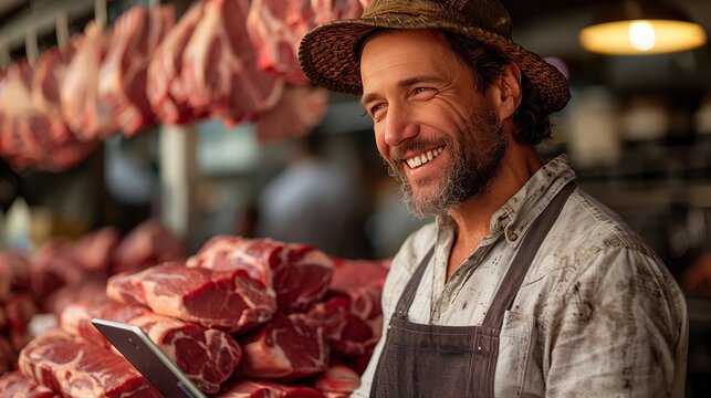 Smiling Butcher Holding Tablet in Front of Fresh Meat at Market