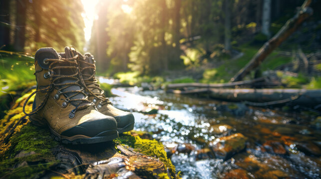 Hiking boots by a stream. Discover the perfect hiking boots for your next adventure. Explore rugged terrain in comfort and style.