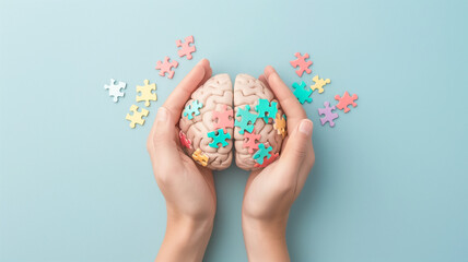 Alzheimer awareness day, dementia diagnosis, Parkinson disease, memory loss disorder, brain with puzzle or jigsaw pieces, damaged mind 