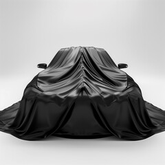 Naklejka premium Exciting new car unveiled at event, draped in black cloth, sparking anticipation and enthusiasm. The opulent design enthralls the crowd, signaling a fresh start for the brand