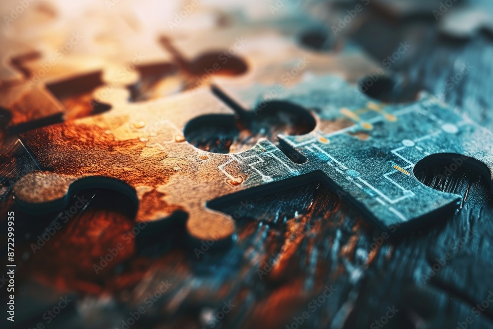 Poster a person typing on a laptop with a city in the background, merge a puzzle piece with a flowchart, cr