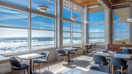 coastal caf?(C) with storm-resistant energy-efficient windows that offer diners views of the ocean waves without the risk of weather damage