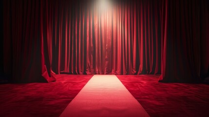 Red curtains and spotlight on stage. Dramatic red curtains and a bright spotlight illuminate the stage, setting the scene for a performance.