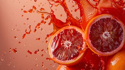 Blood orange splash. Fresh blood oranges exploding with vibrant juice in a captivating splash.