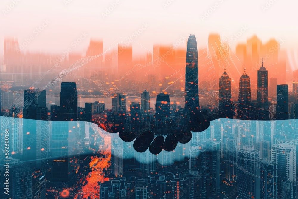 Poster a plane flying over a city with a skyline in the background, modern vector handshake symbolizing tru