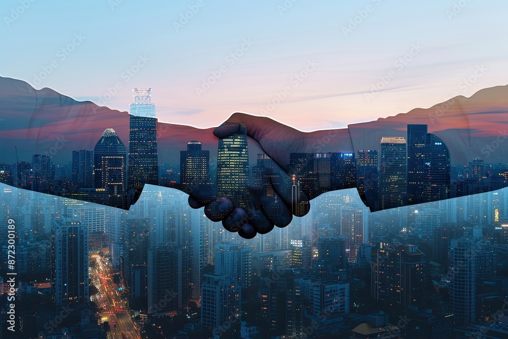 Poster a plane flying over a city with a skyline in the background, modern vector handshake symbolizing tru