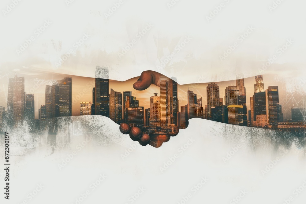Poster a plane flying over a city with a skyline in the background, modern vector handshake symbolizing tru