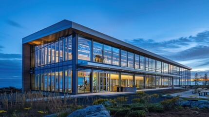 Obraz premium coastal marine research facility with storm-resistant energy-efficient windows designed to withstand high winds and saltwater exposure, ensuring uninterrupted ocean studies