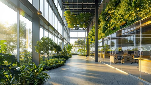 green-certified office building with dynamic energy-efficient windows that adjust their opacity based on sunlight intensity to optimize energy use