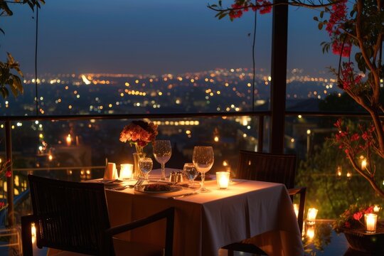 a table with candles and a view of a city, Romantic candle light dinner at a rooftop restaurant