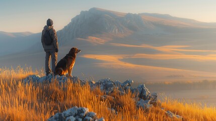 Man and Dog Admire Mountain View at Sunset