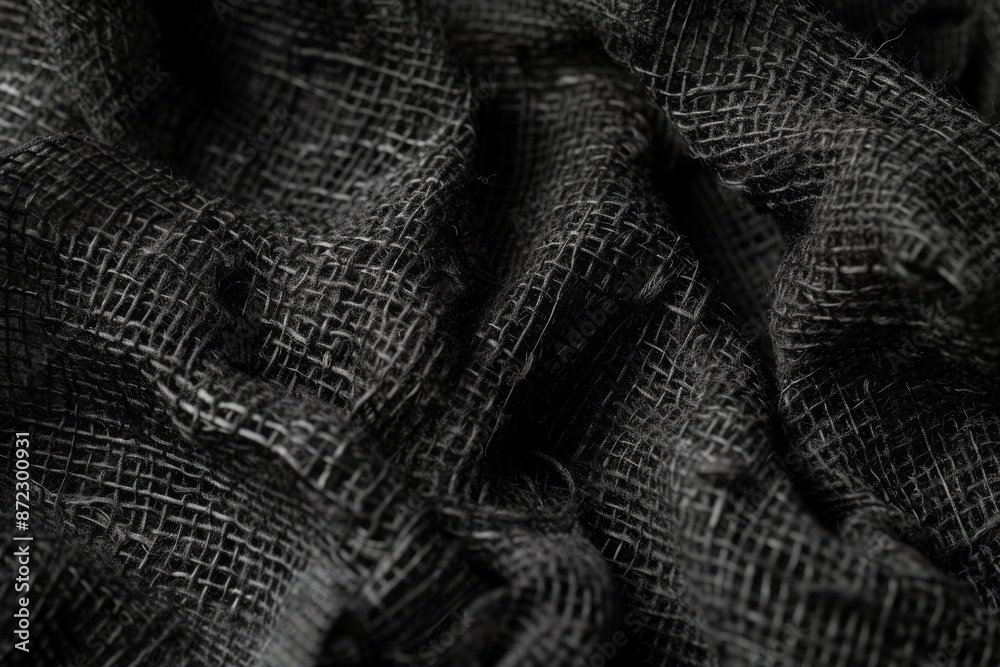 Poster a close up of a black and white woven fabric, The intricate cross-hatch pattern of a charcoal fabric weave, with each thread detailing clearly visible