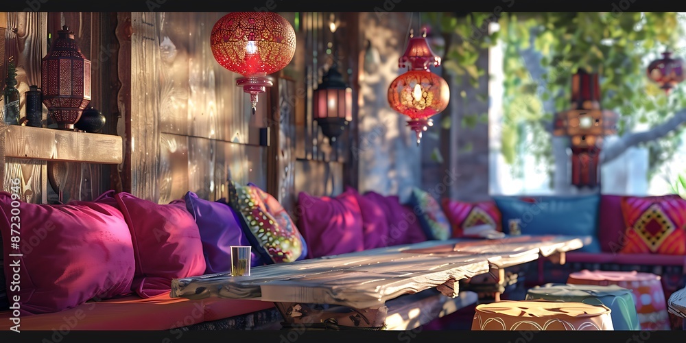 Wall mural bohemian dining area with magenta cushions, low wooden table, colorful lanterns. 32k uhd,