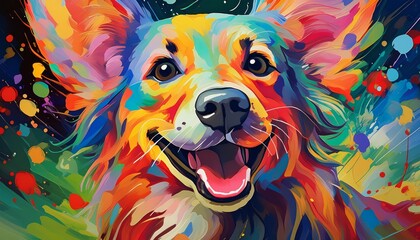 A vibrant painting featuring a happy canine against a blue backdrop, capturing the essence of a loyal companion and beloved member of the Canidae family