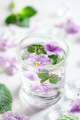 clear glass of water with floating purple flowers and green leaves, placed on a light surface