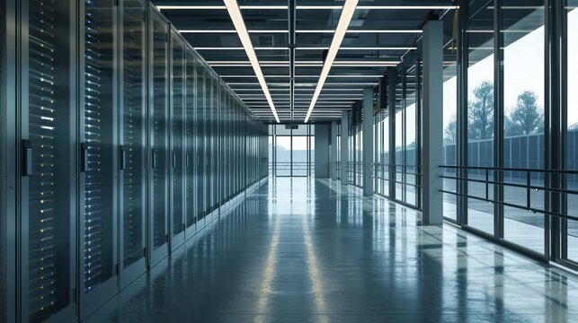high-tech data center with energy-efficient windows that balance natural light and insulation, creating a more pleasant and energy-efficient work environment for technicians