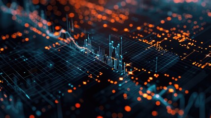 Abstract art of digital network with glowing orange and blue dots on a dark background. digital art of glowing lines and dot connecting. Technology and data visualization concept for wallpaper. AIG53F