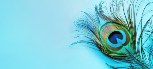 Obraz premium Abstract peacock feather eyes in blue background, creative banner, copy space.