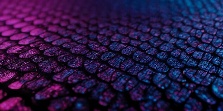 Neon-Schuppenmuster: Nahaufnahme einer schimmernden, texturierten Oberfl&auml;che aus kleinen, schuppenartigen Elementen in lebhaften Violett- und Blaut&ouml;nen