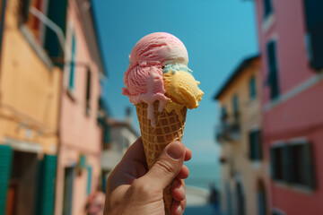 Gelato Ice Cream Cone in Hand Against Vibrant Pastel Buildings