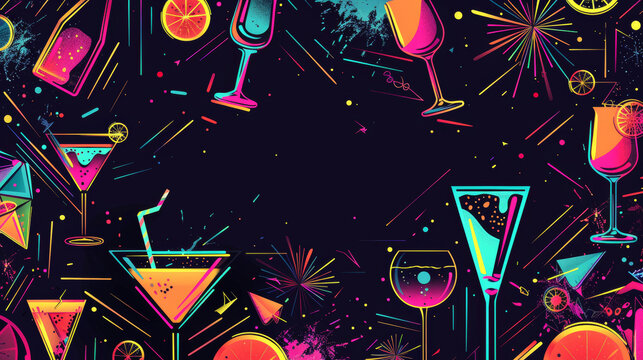 Colorful party flyer with cocktails, fireworks, and abstract geometric designs. Menu for alcoholic and non-alcoholic drinks on a black background.