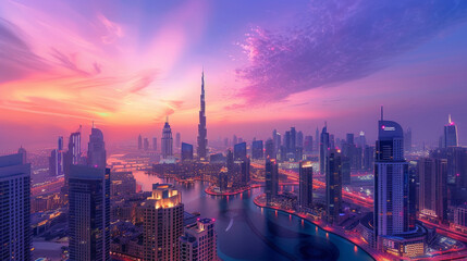 Fototapeta premium Dubai's stunning skyline at dawn, with its towering skyscrapers and beautiful architecture casting a vibrant glow.