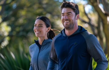 Obraz premium smiling while jogging side by side thro
