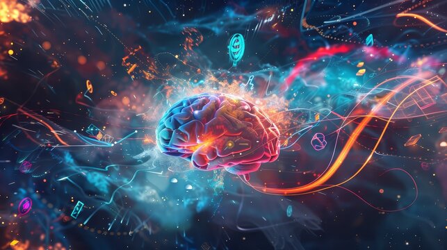 An imaginative rendering of a brain surrounded by a whirlwind of light trails and creative icons