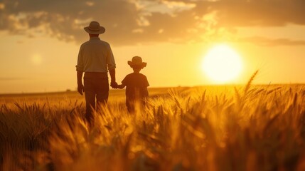 A father and son holding hands while walking through a golden wheat field at sunset, showcasing a heartwarming family moment.