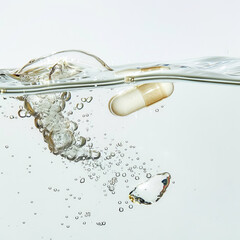 Fizzing pill breaking apart in clear water against a white backdrop, close-up