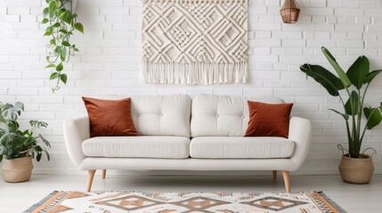 Bohemian-inspired living space with vibrant colors, eclectic furniture, macrame wall hangings, and lush indoor plants for a relaxed atmosphere
