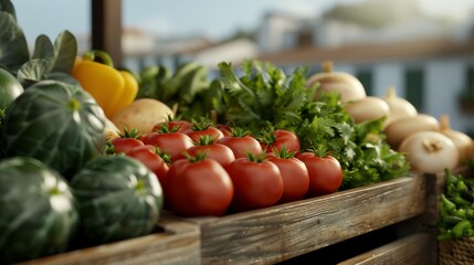 Bustling farmers market stall overflowing with colorful vegetables, fresh greens, and various grocery supplies, photorealistic details, natural lighting