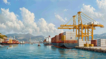 Naklejka premium Busy port with cargo liners docked at a jetty, merchandise being loaded and unloaded, vibrant scene of maritime activity