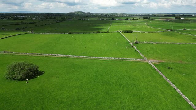 A Typical Irish Farm landscape from a UAV Drone showing green fields
