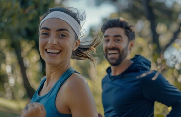 Obraz premium smiling while jogging side by side thro