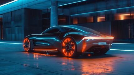 A futuristic sports car with glowing neon lights is parked in a modern setting. The cars sleek design and vibrant colors create a striking image.