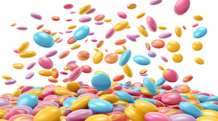 Falling colorful chocolate lentils on a white background