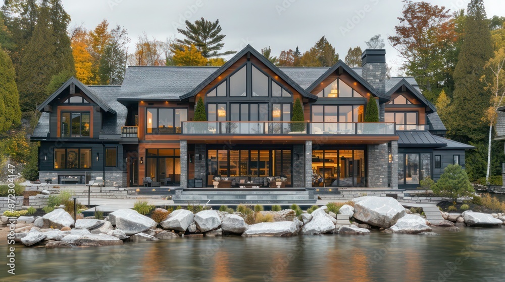 Wall mural luxury waterfront home with energy-efficient windows that maximize views of the lake while maintaini