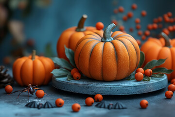 A pumpkin is surrounded by other pumpkins and berries
