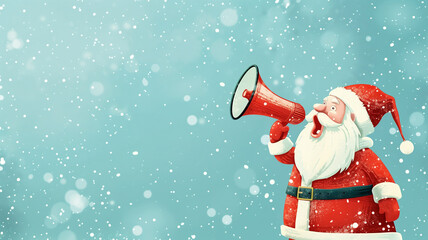 Santa Claus with megaphone, christmas advertising and marketing concept, social media, announcement for discount sale, winter holiday season

