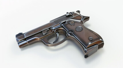 A 3D image of a handgun pistol isolated on a white background.