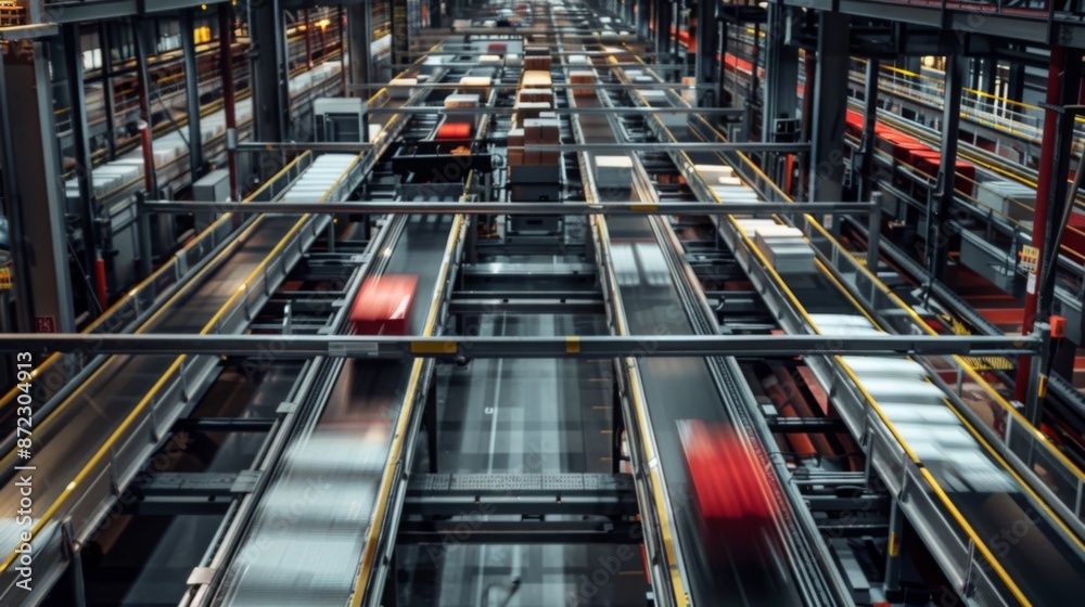 Poster A high angle view of a warehouse with several conveyor belts moving packages. The belts are lined up in rows and run the length of the warehouse.