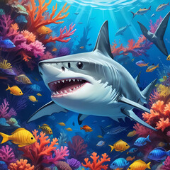 3d shark with sea creatures in the ocean